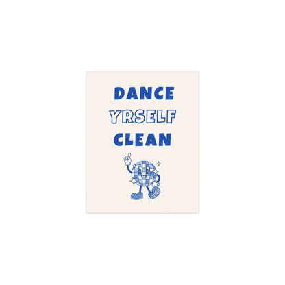 Off-white and blue LCD Soundsystem "Dance Yrself Clean" poster by Glow On Prints, featuring bold typography and vibrant design.