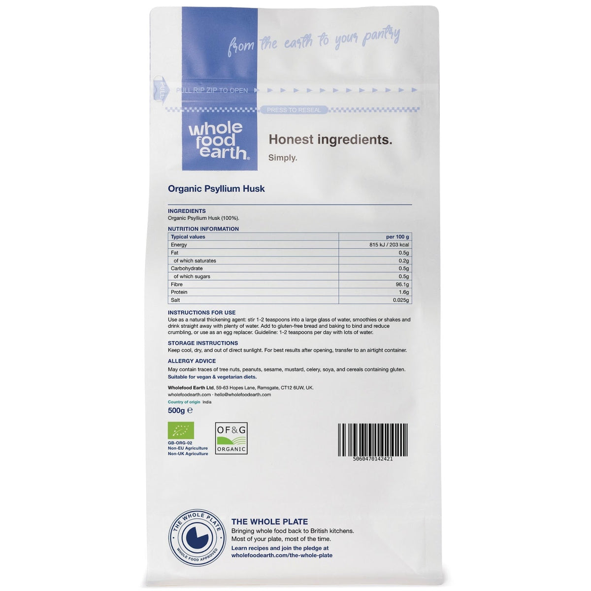 Organic Psyllium Husk from Whole Food Earth, close-up of light brown, powdered specialty fiber supplement in a jar.