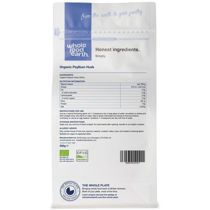 Organic Psyllium Husk from Whole Food Earth, close-up of light brown, powdered specialty fiber supplement in a jar.