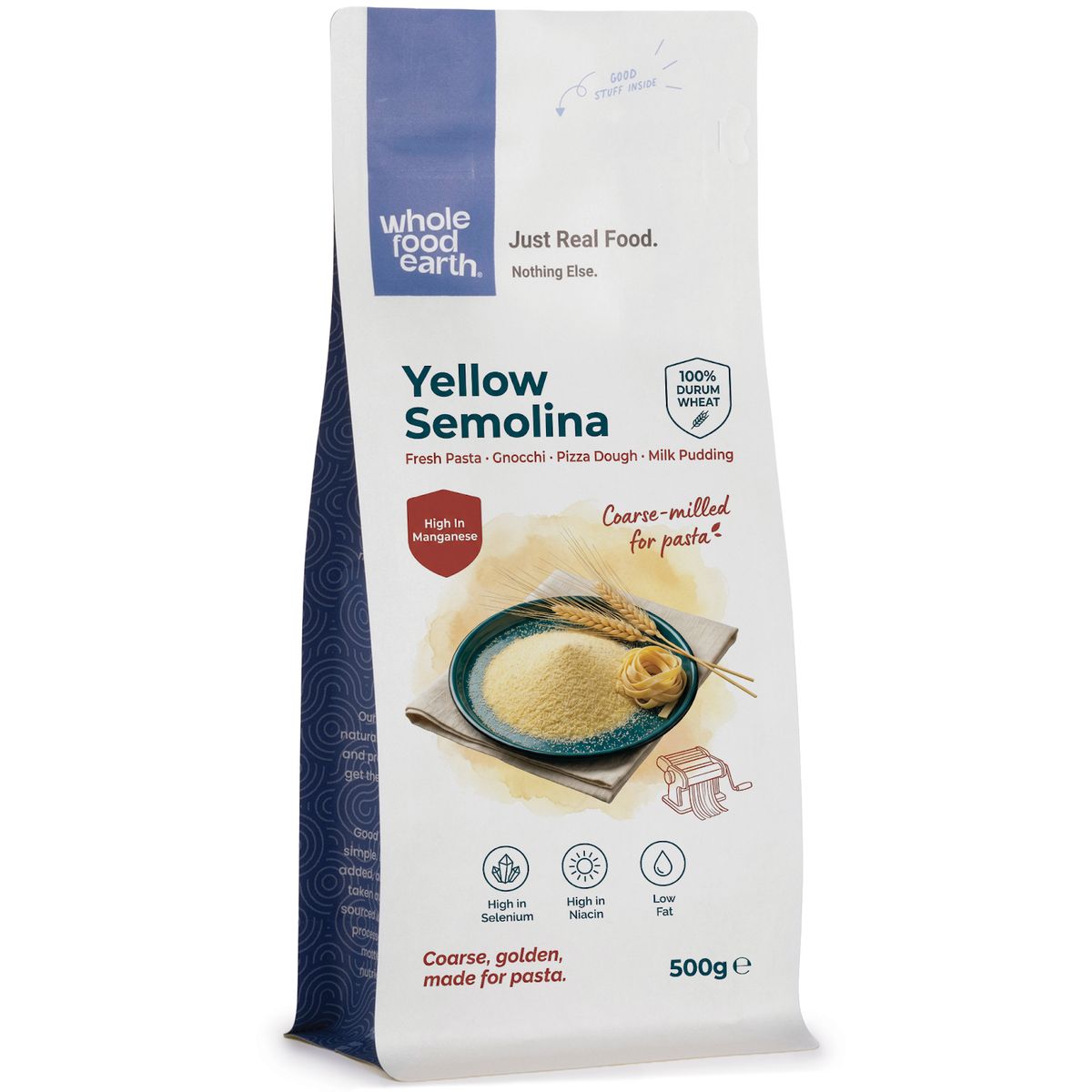 Yellow semolina from Whole Food Earth, a versatile flour and grain product, shown in a clear container on a kitchen countertop.