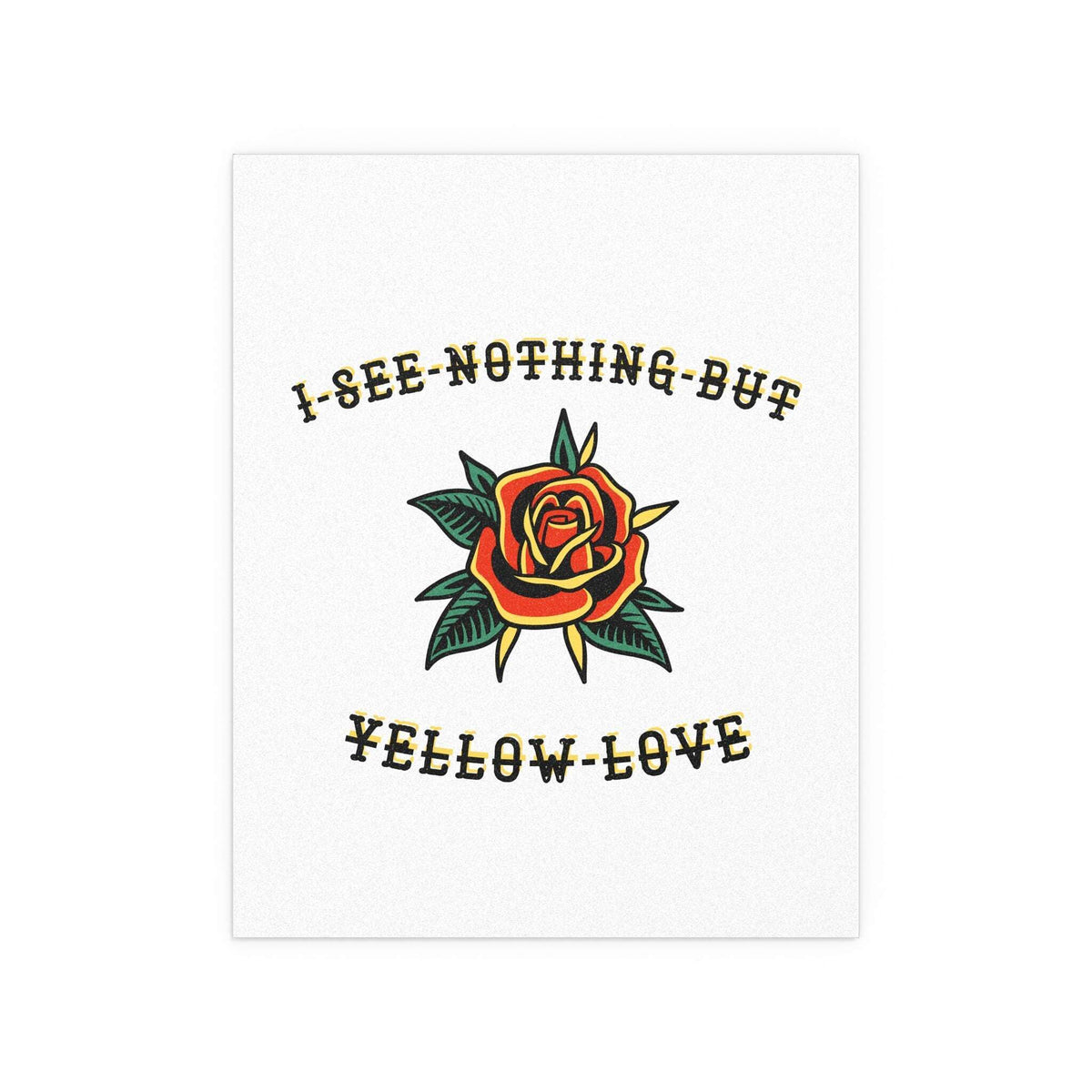 Bright yellow "Love" poster by Citizen from Glow On Prints, featuring bold typography on a clean background.