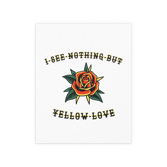 Bright yellow "Love" poster by Citizen from Glow On Prints, featuring bold typography on a clean background.