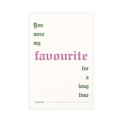 Fontaines DC Favourite poster featuring off-white, pink, and green colors, displayed on a wall with vibrant artistic design.