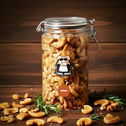 Cool Hog Snacks curry flavor pork scratching jar with visible crispy pork snacks in a jar.