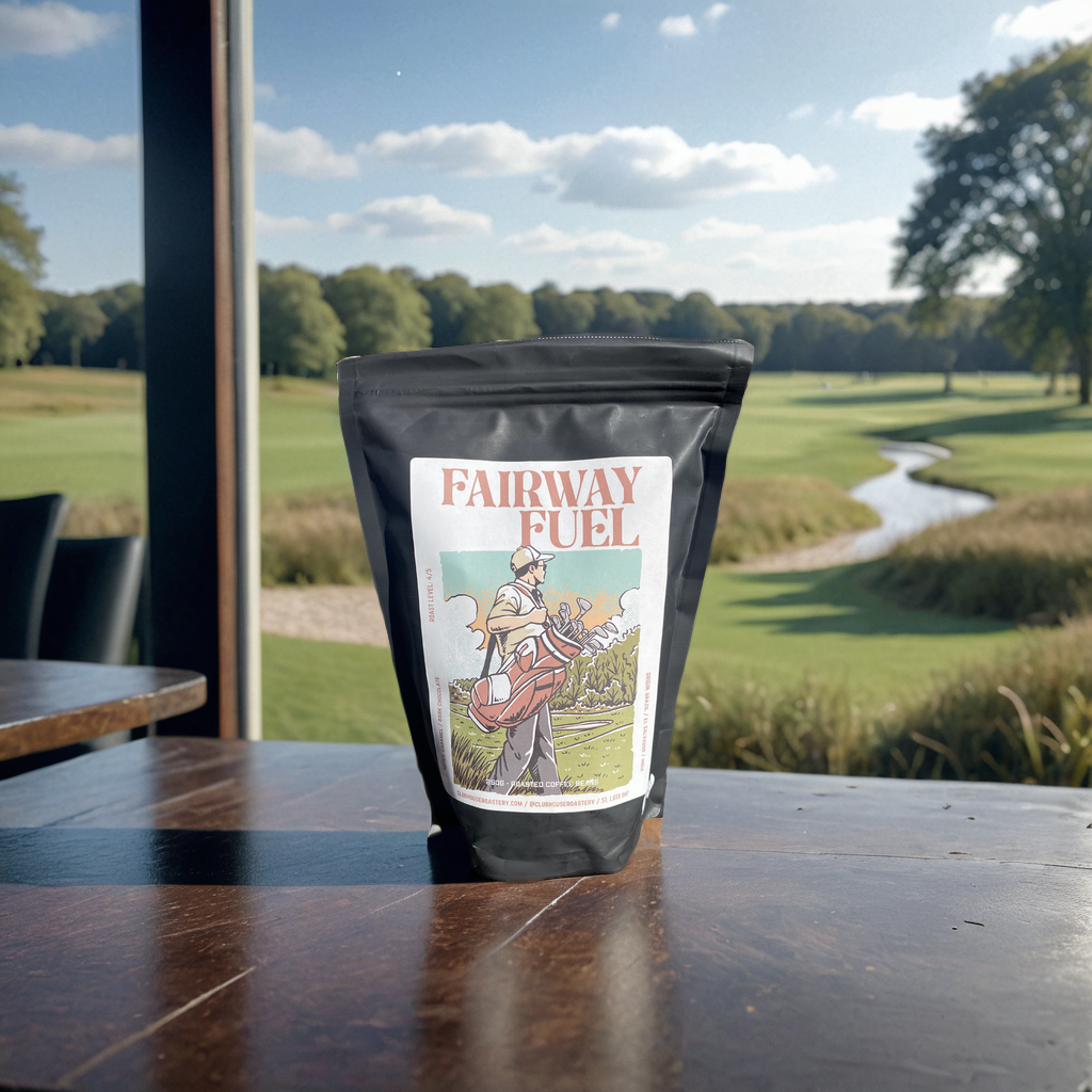 Bag of Fairway Fuel coffee from Clubhouse Roastery with a rustic label and rich brown packaging.