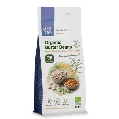 Organic butter beans from Whole Food Earth, close-up of creamy, tender beans in a bowl ready for cooking or serving.