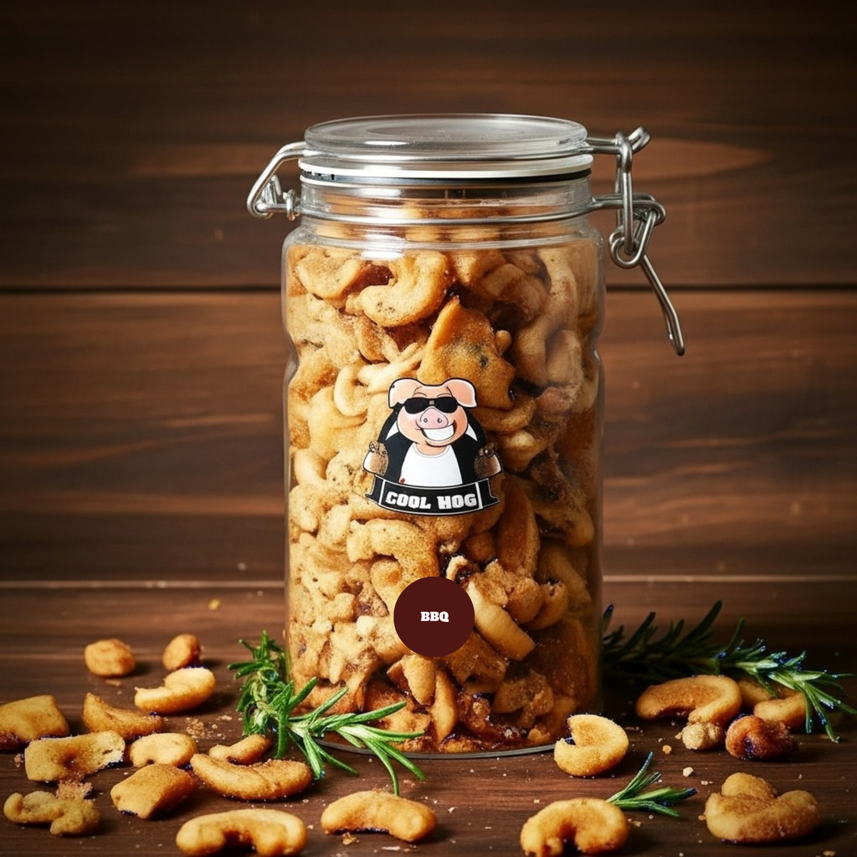 Cool Hog Snacks BBQ Flavour Pork Scratching Jar with colorful packaging and label showcasing the product inside.