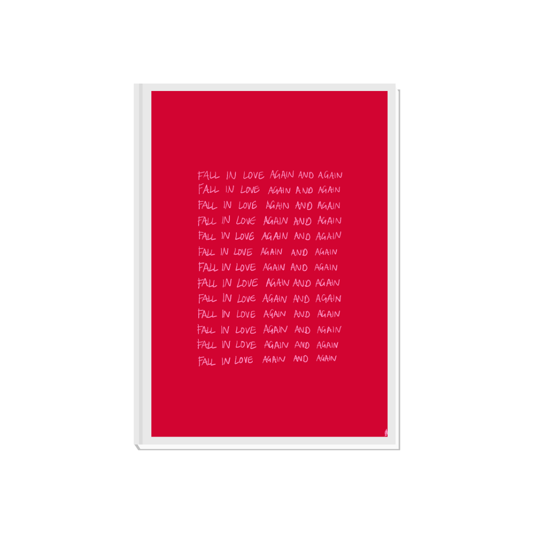 Romantic red music print featuring Charli XCX with "Fall In Love" text, ideal for fans of pop and modern music artwork.