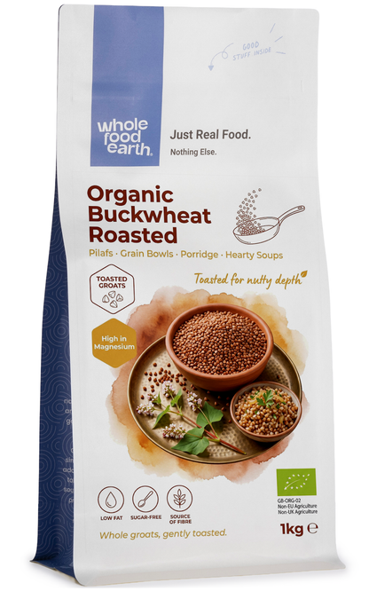 Organic roasted buckwheat grains from Whole Food Earth, shown in a close-up image with golden-brown, toasted buckwheat kernels.