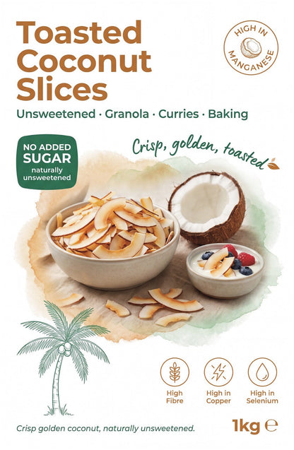 Whole Food Earth toasted and unsweetened coconut slices in a clear bowl, showcasing golden-brown nut and seed snack.