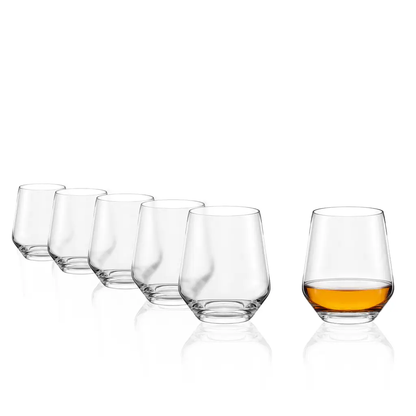 Set of six Stolzle Lausitz Quatrophil whisky tumbler glasses, 470ml capacity, designed for elegant whisky drinking.