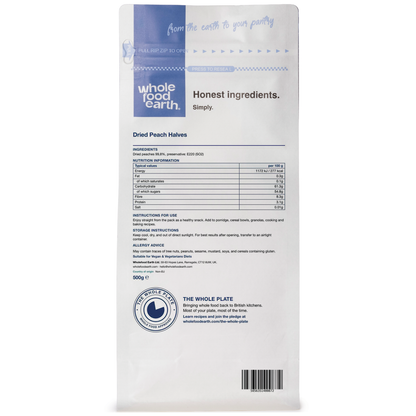 Dried peach halves from Whole Food Earth in a bowl, showcasing their soft, orange-colored, sliced dried fruit appearance.