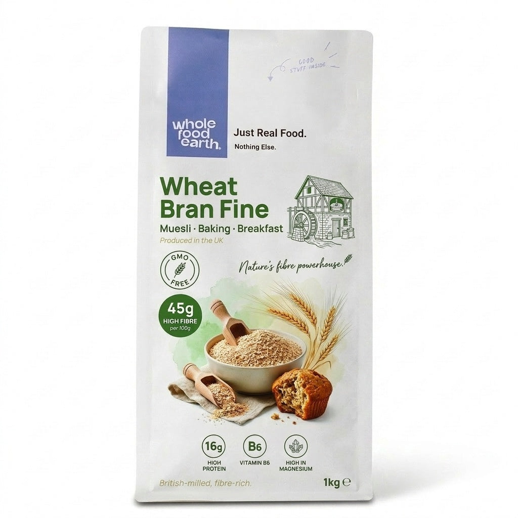Fine wheat bran cereal from Whole Food Earth, close-up showing light brown, textured wheat bran grains in a bowl.