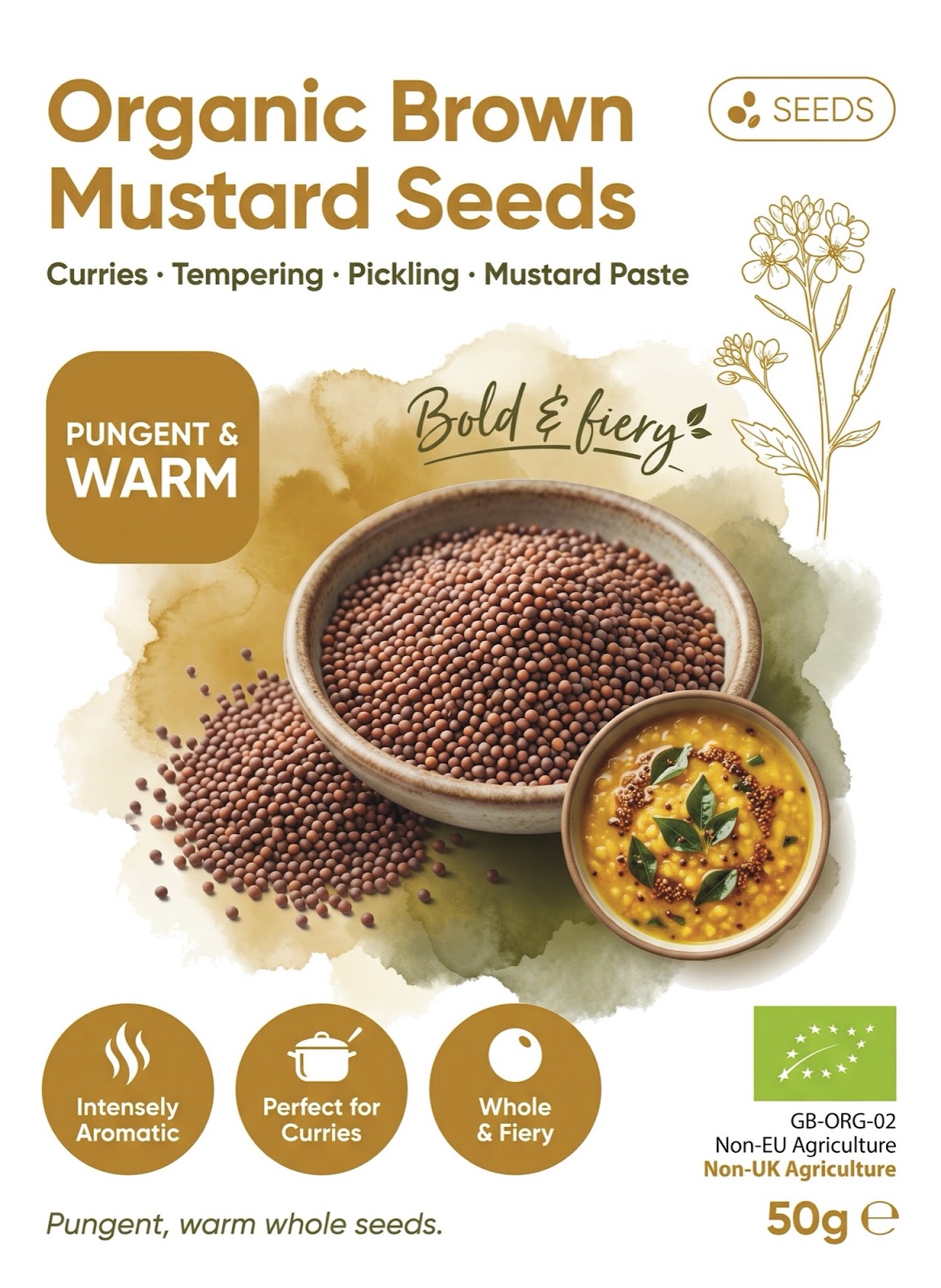 Organic brown mustard seeds from Whole Food Earth, close-up of small round seeds used as herbs and spices in cooking.