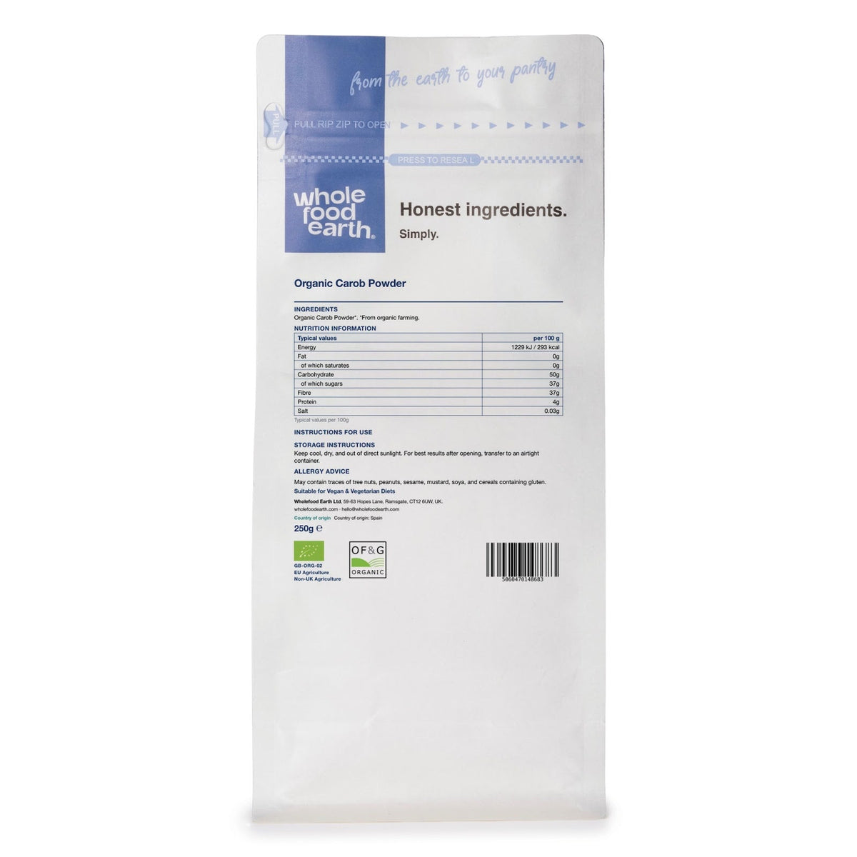 Organic carob powder in a clear glass jar from Whole Food Earth, showcasing the dark, fine powder on a neutral background.