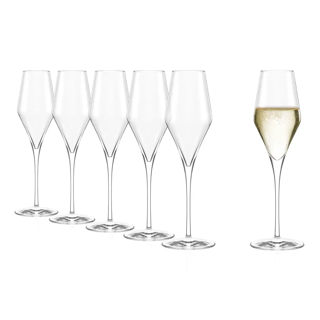Set of six Stolzle Lausitz Quatrophil champagne flutes, 290ml, clear glassware for sparkling wine, by Glassware UK.