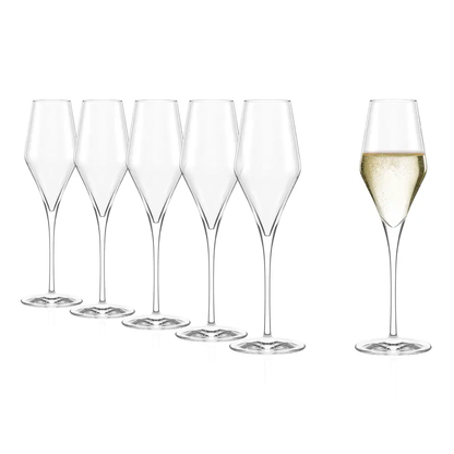 Set of six Stolzle Lausitz Quatrophil champagne flutes, 290ml, clear glassware for sparkling wine, by Glassware UK.
