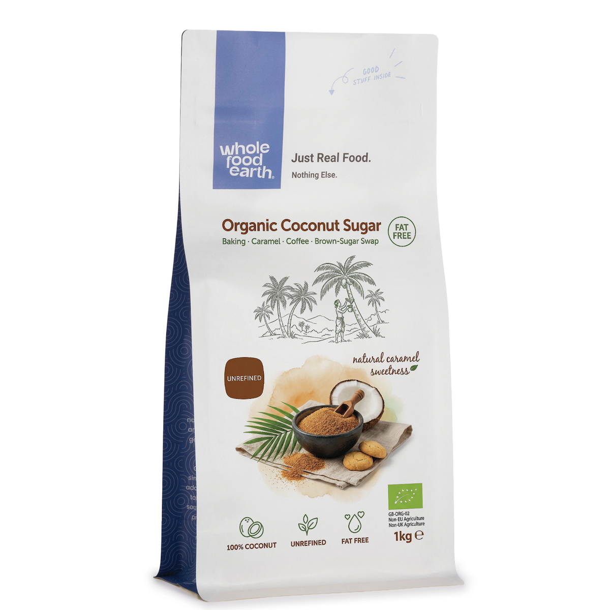 Organic coconut sugar from Whole Food Earth, showing a jar of natural, unrefined sugar crystals in a clear glass container.