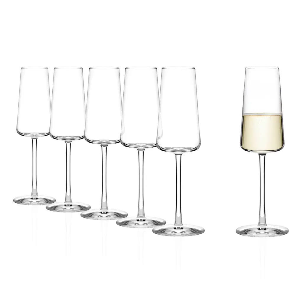 Six Stolzle Power champagne glasses with 240ml capacity, clear glassware for elegant toasts and celebrations.