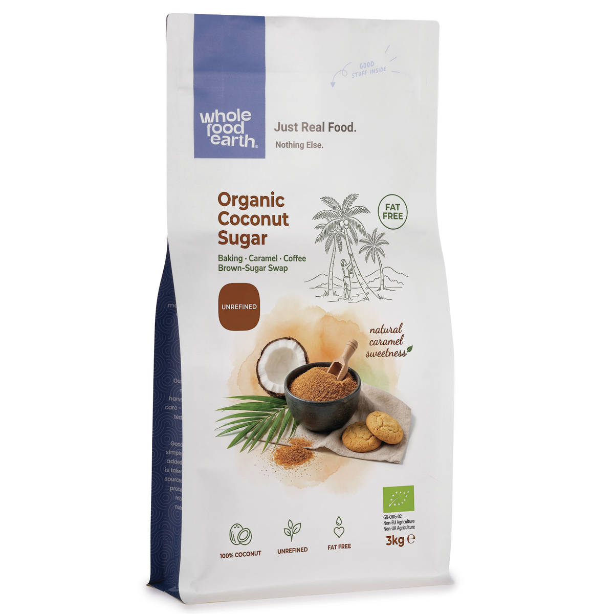 Organic coconut sugar from Whole Food Earth, showing a jar of natural, unrefined sugar in a clear glass container.