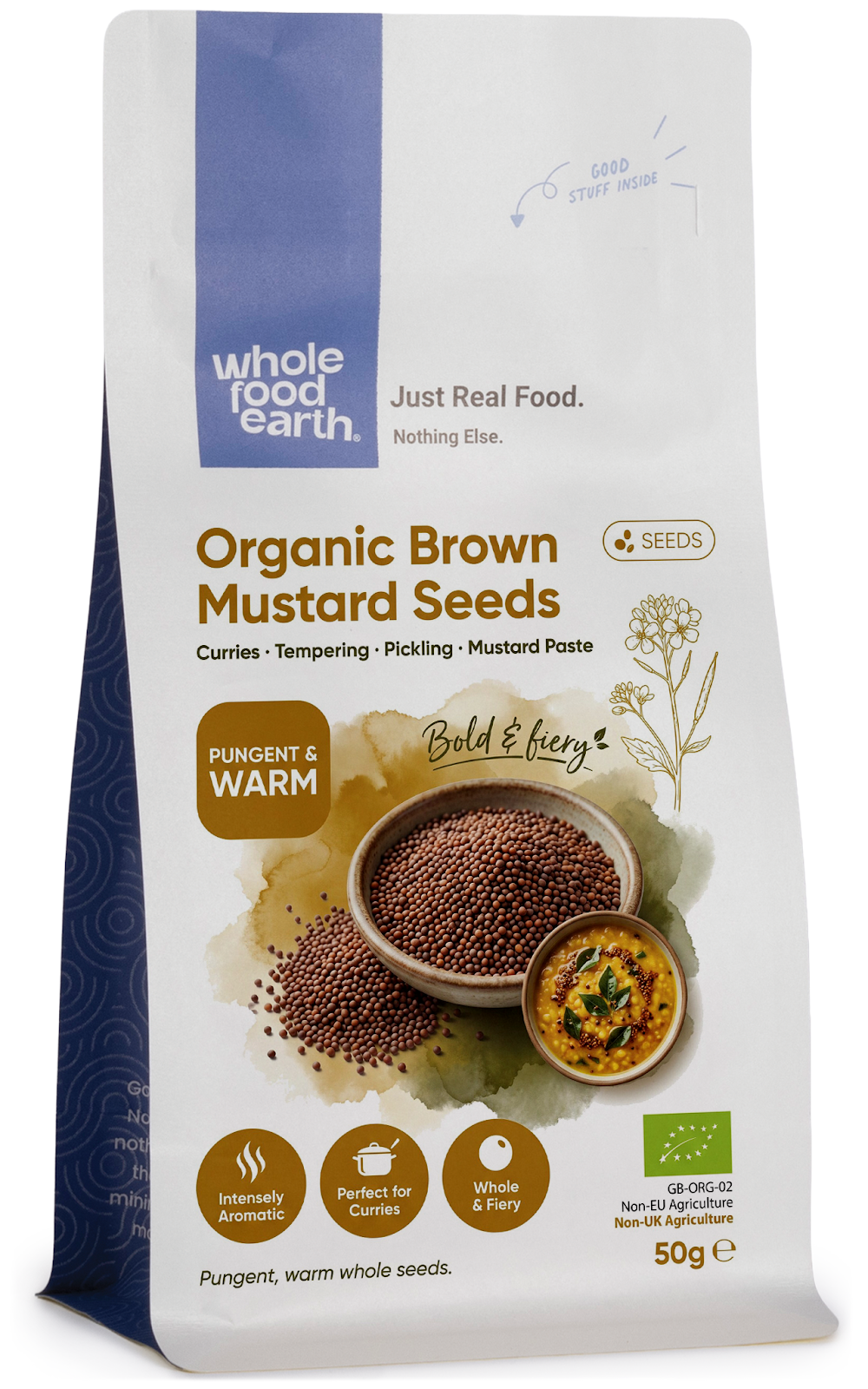 Organic brown mustard seeds from Whole Food Earth, small round spices ideal for cooking and seasoning.