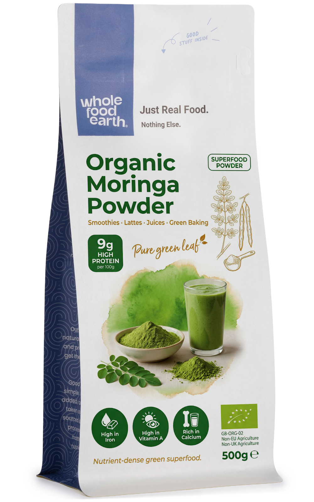 Organic Moringa powder from ArtisanBox in a clear glass jar, showing vibrant green powder with a textured surface.