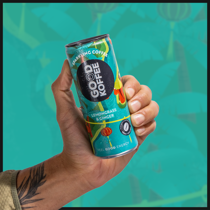Hand holding a GOOD KOFFEE Lemongrass & Ginger sparkling coffee can against a vibrant teal background