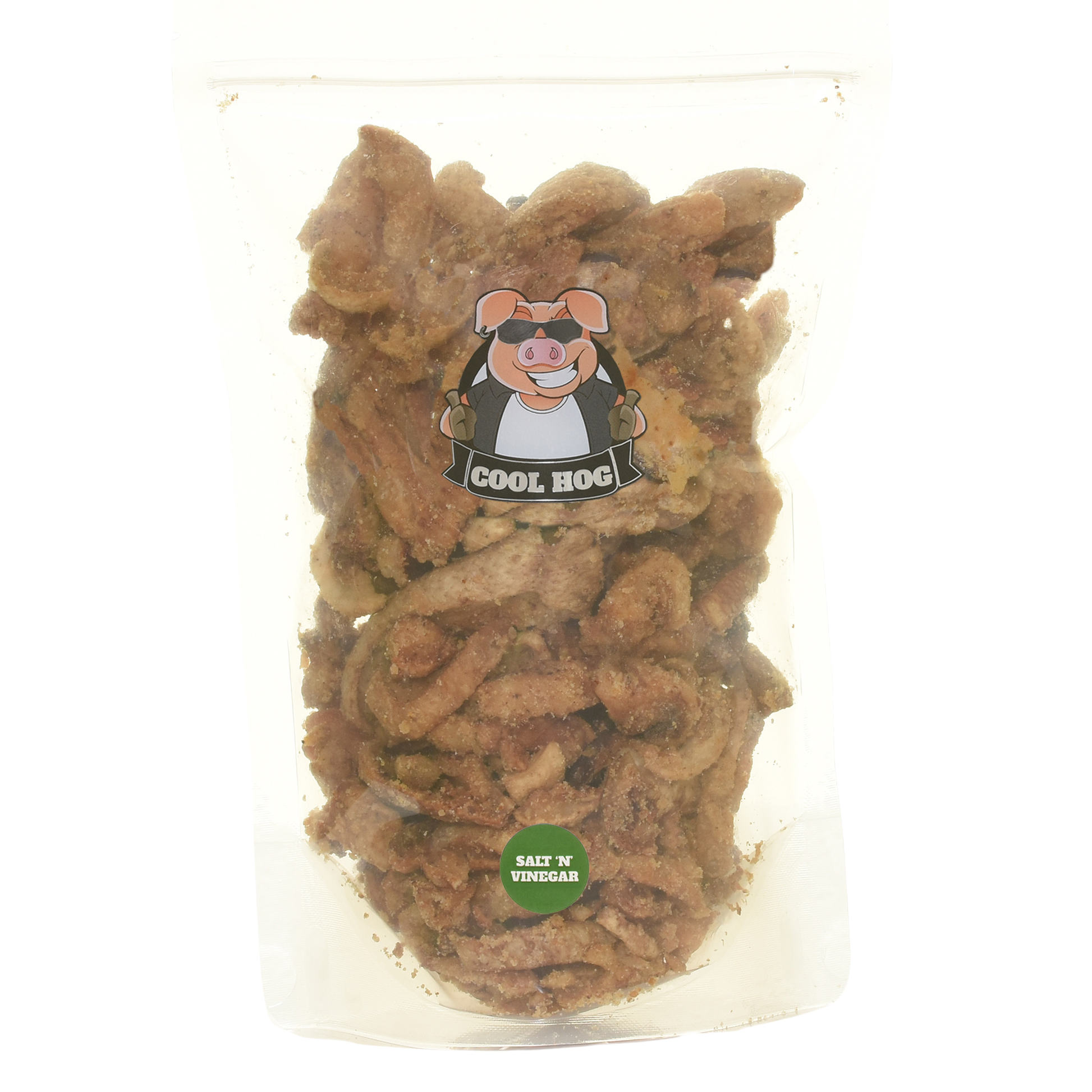 Salt and vinegar flavor pork scratching jar refill from Cool Hog Snacks, showing a bag of crunchy pork snacks with flavoring.