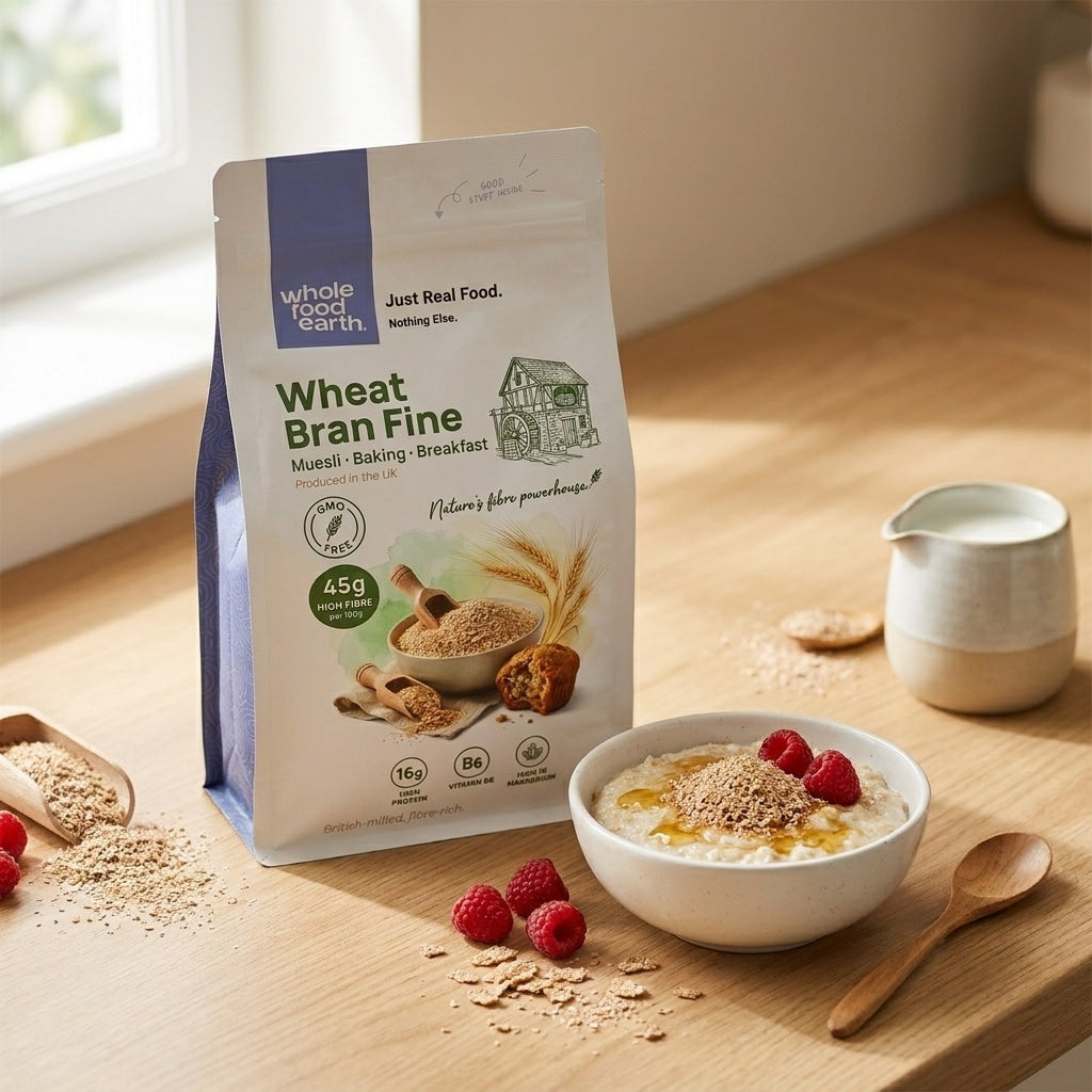 Fine wheat bran cereal from Whole Food Earth, showing a close-up of light brown, textured wheat bran flakes in a bowl.