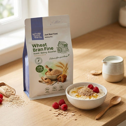 Fine wheat bran cereal from Whole Food Earth, showing a close-up of light brown, textured wheat bran flakes in a bowl.