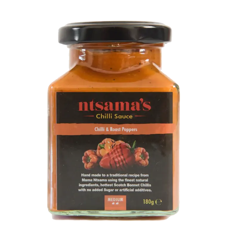 Fire roasted pepper sauce by ntsama.co.uk in a glass bottle with a vibrant label, showcasing its spicy, smoky flavor.