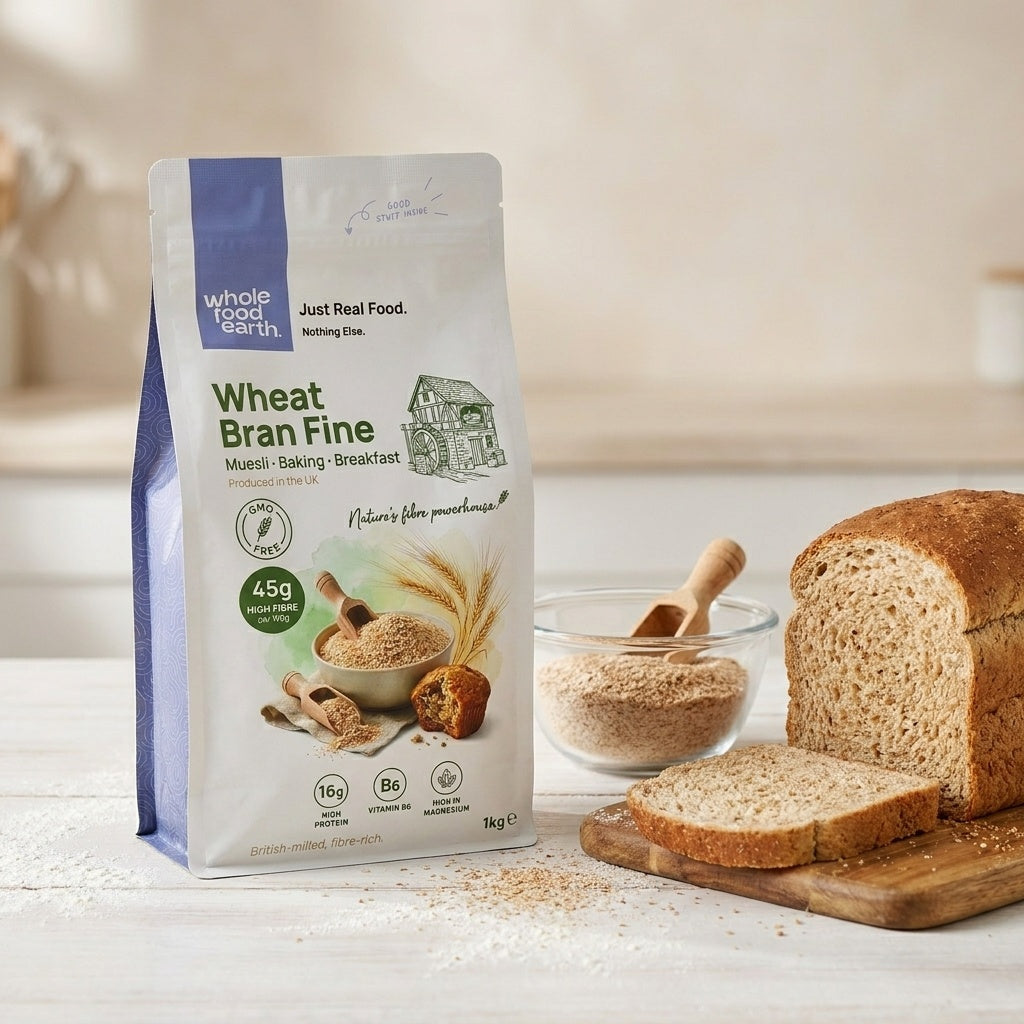 Fine wheat bran cereal from Whole Food Earth, showing a close-up of light brown, fibrous wheat bran in a bowl.
