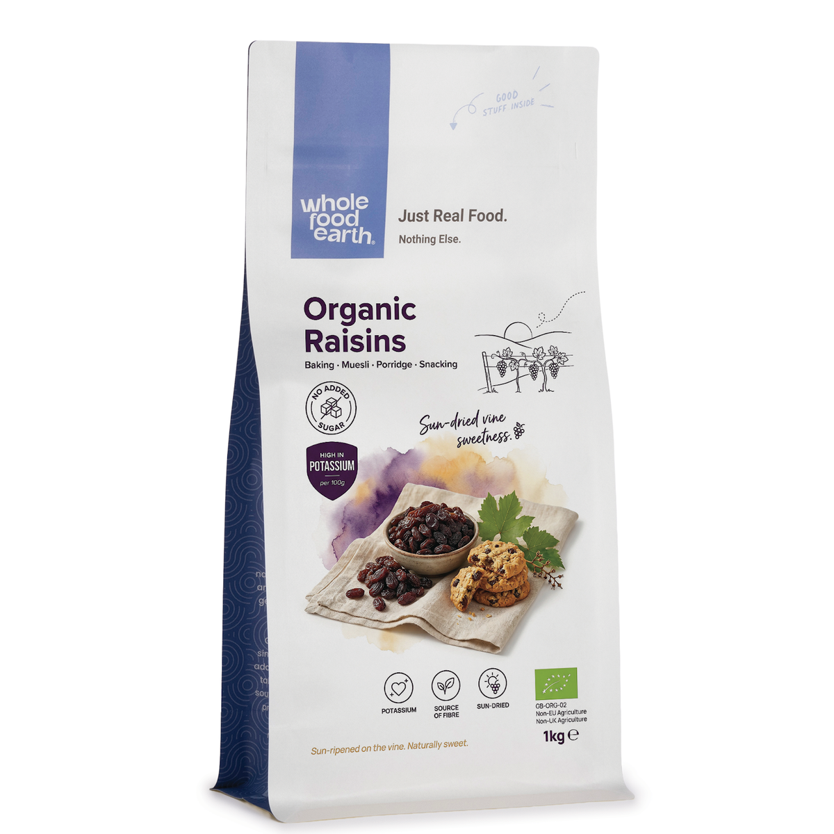 Heap of organic raisins from Whole Food Earth, dried fruit with plump, glossy appearance in a clear container.