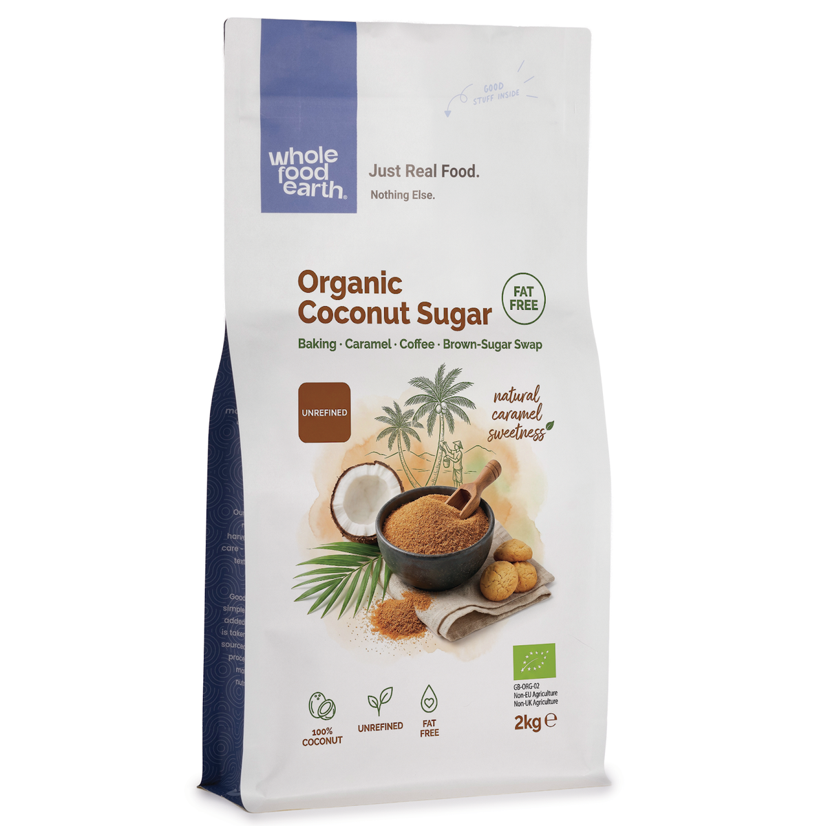 Organic coconut sugar from Whole Food Earth, showing a bowl of natural brown coconut sugar crystals and a spoon.