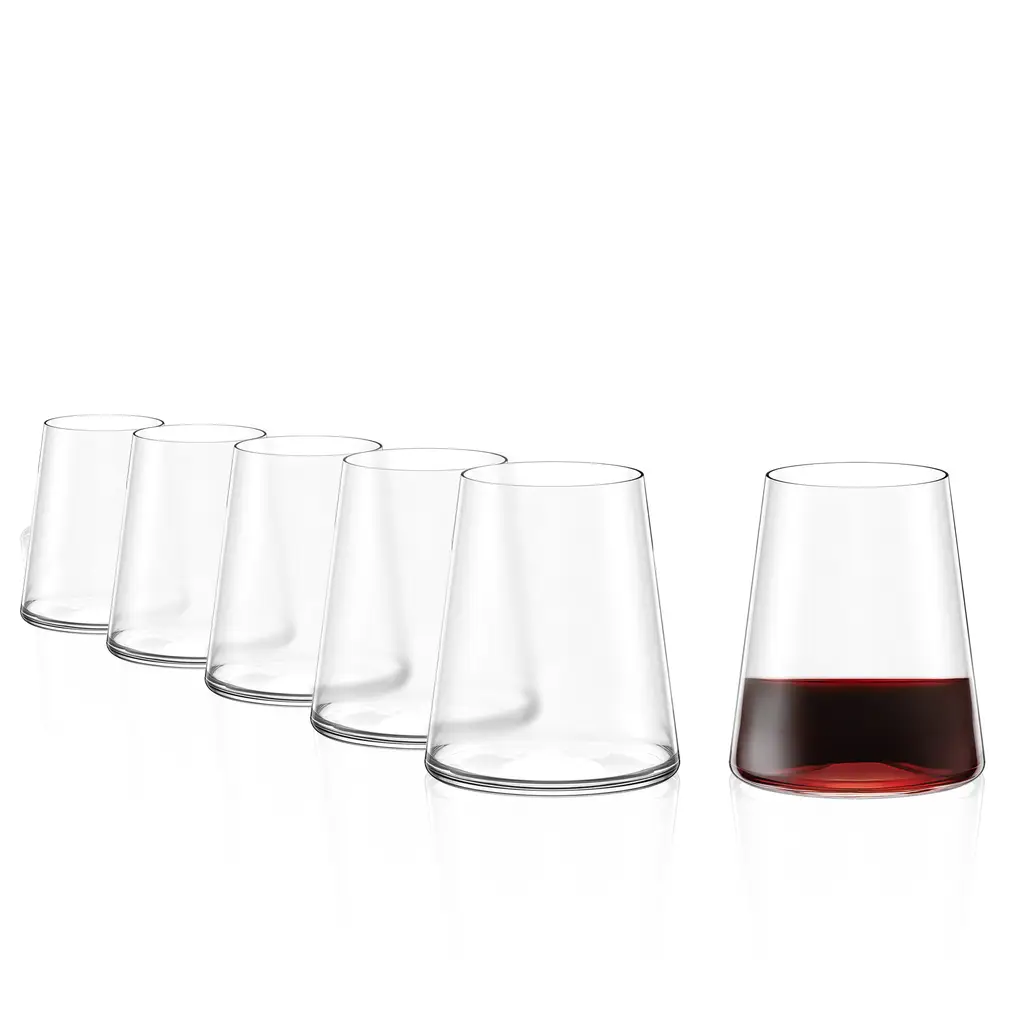 Set of six Stolzle Power stemless red wine glasses, 515ml, made by Glassware UK, displayed in a box.