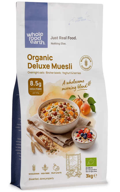 Organic Deluxe Muesli cereal from Whole Food Earth with flakes, nuts, seeds, and dried fruit in a natural, wholesome mix.