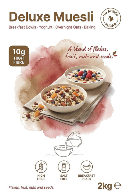Whole Food Earth Deluxe Muesli cereal featuring flakes, dried fruit, nuts, and seeds in a colorful bowl.