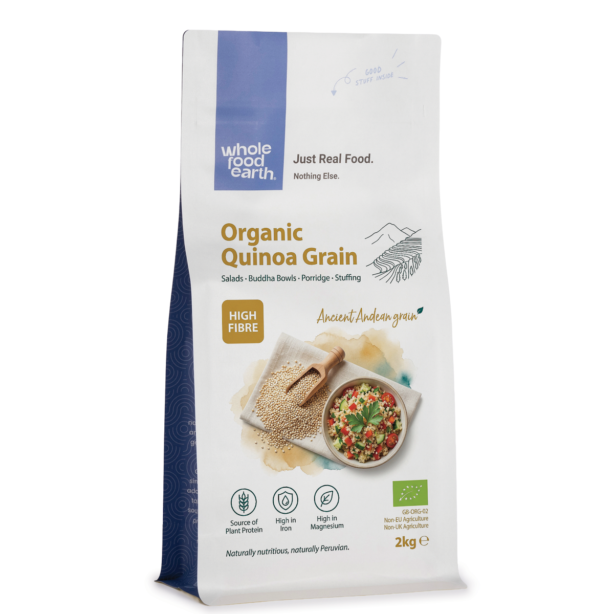 Tri-color organic quinoa grains from Whole Food Earth, showing a mix of red, white, and black quinoa in a clear bowl.