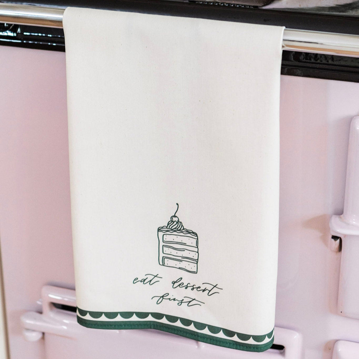 Eat Dessert First Avalon Home UK tea towel with colorful dessert illustrations on soft fabric, perfect for kitchen decor.