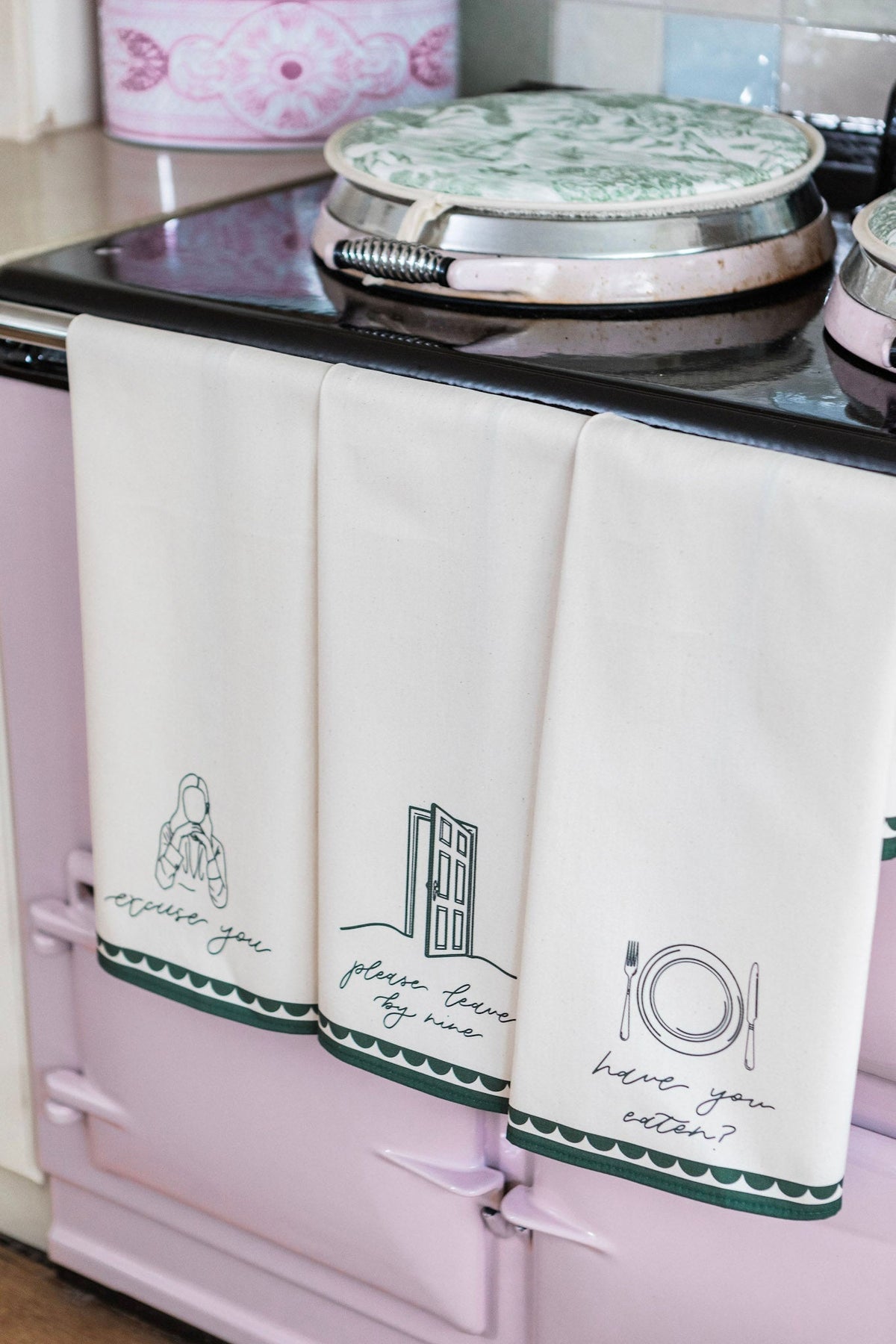 Avalon Home UK excuse you tea towel with humorous text design, featuring white fabric and black lettering on a kitchen towel