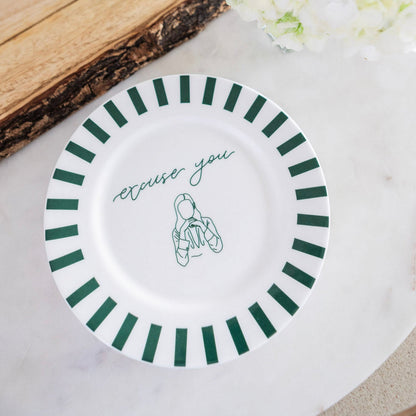 Elegant Avalon Home UK Excuse You Bone China Plate with playful lettering, white ceramic design, and smooth glossy finish.