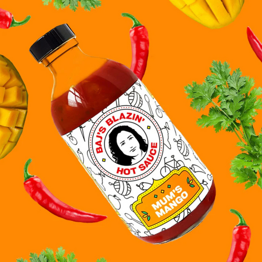 Bajs Blazin’ Hot Sauce Artisan Mum's Mango hot sauce bottle, 300ml, with bright label and vibrant mango artwork.