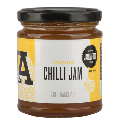 Amarillo Yellow Chilli Jam by Janda in a 210g jar, showcasing bright yellow chili jam ideal for cheese and barbecue dishes.