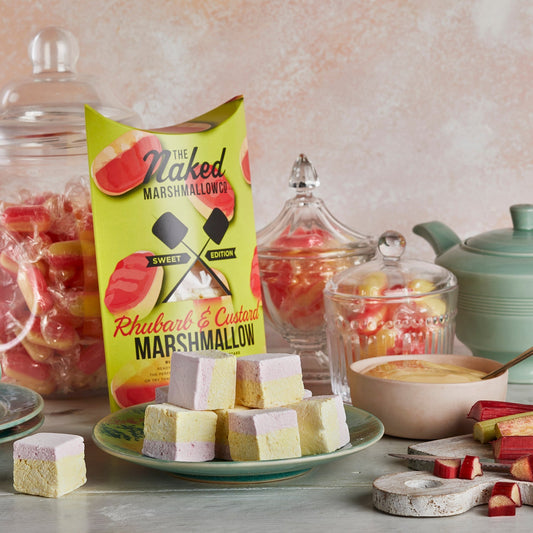 Rhubarb and custard gourmet marshmallows from THE MARSHMALLOW FACTORY, featuring soft, colorful marshmallow pieces with fruity flavors.
