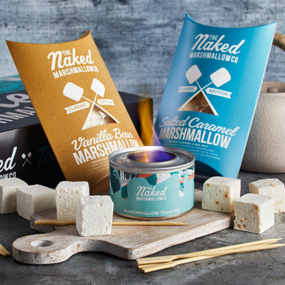Set of toasted marshmallows from THE MARSHMALLOW FACTORY, featuring golden-brown marshmallows perfect for roasting or gifting.
