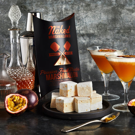 Passion fruit martini gourmet marshmallows from THE MARSHMALLOW FACTORY, showing soft, fluffy marshmallows with passion fruit flavor.