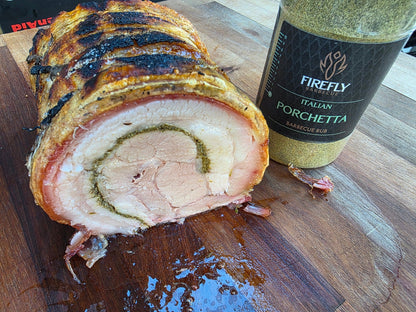 FireFly Barbecue Italian Porchetta Rub in a jar, seasoned BBQ rub with herbs and spices for flavorful pork dishes.