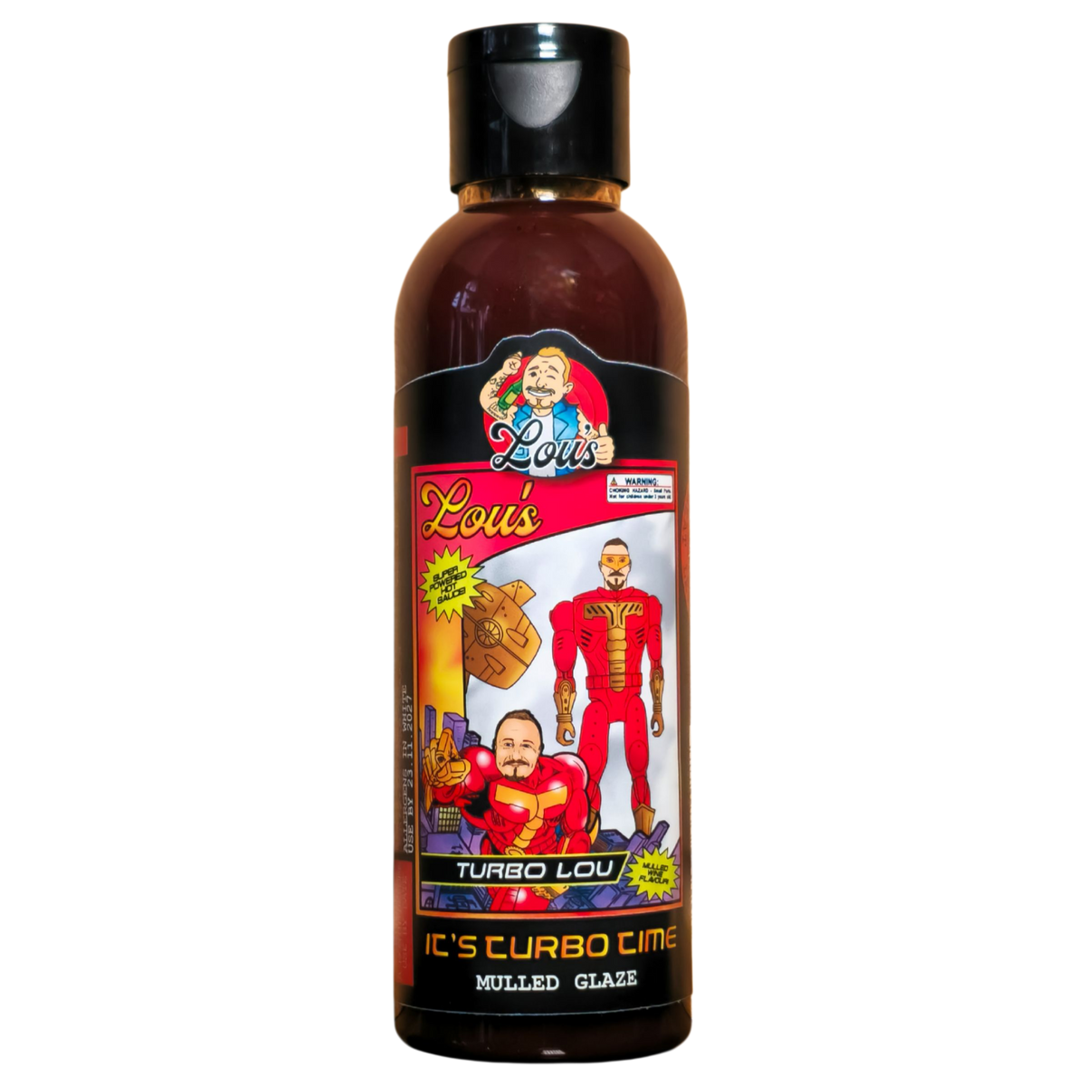 Bottle of Lou's Brews Turbo Lou Mulled Glaze condiment with a dark, glossy appearance and vibrant label design.