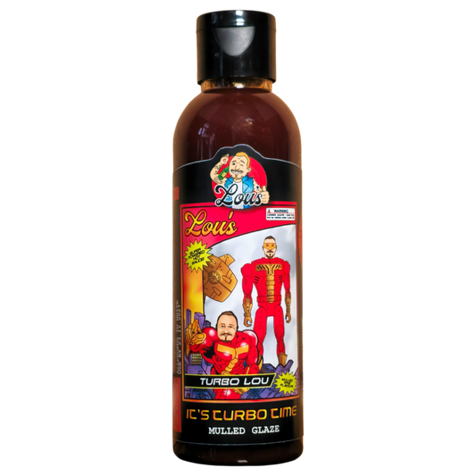 Bottle of Turbo Lou Mulled Glaze from Lou's Brews, a rich and spicy condiment in a clear glass jar with a colorful label.