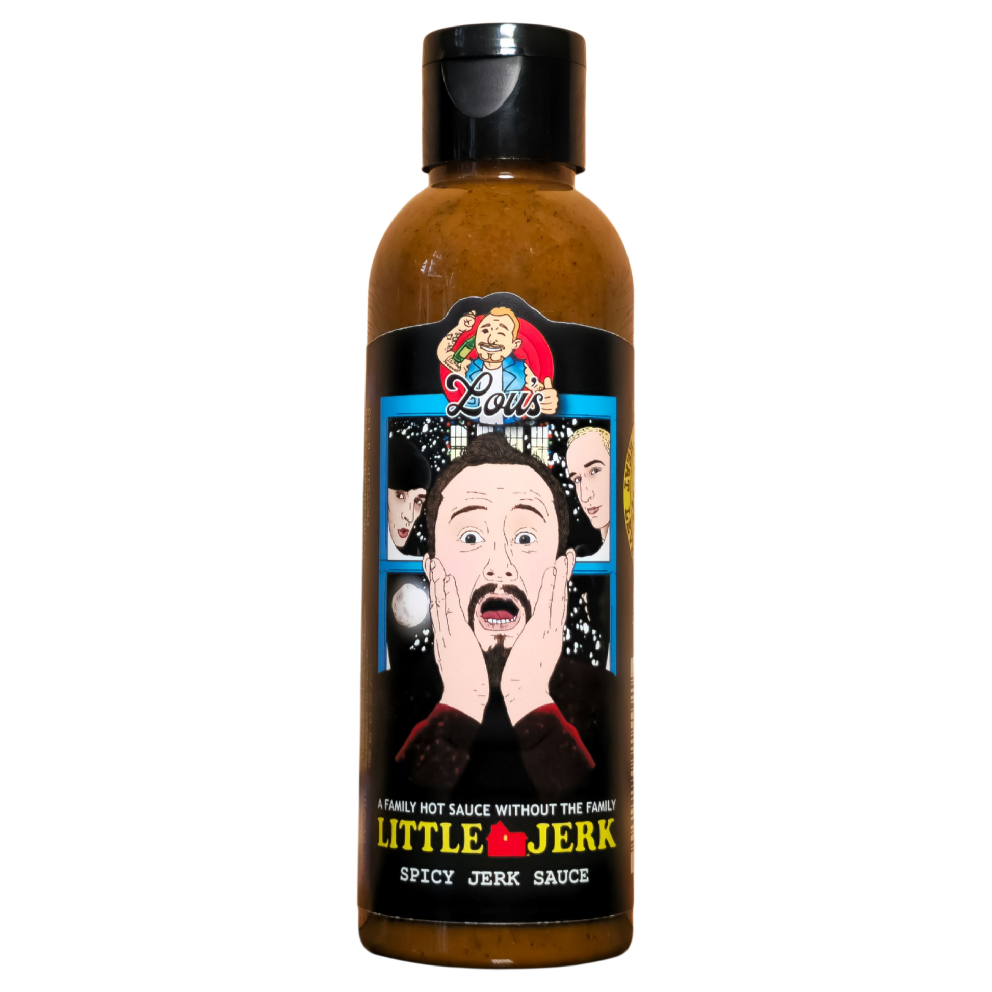 Spicy Little Jerk sauce by Lou's Brews in a glass jar, showcasing vibrant red color and rich texture for condiments and sauces.